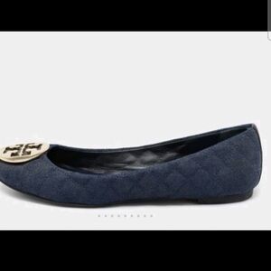 Tory Burch Womens Navy Blue Denim Quilted Quinn Ballet Flats Size 7.5